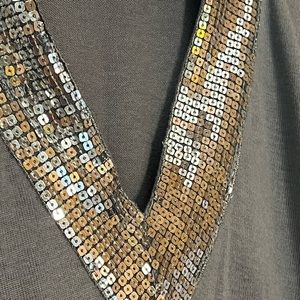 Grey sweater with a silver sequin collar.